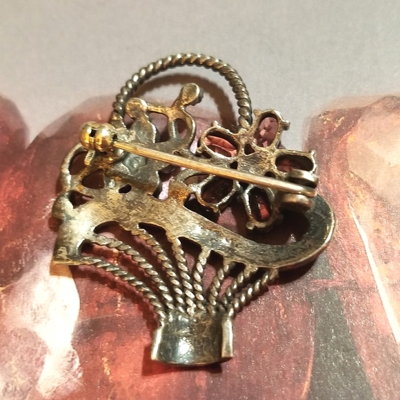 VTG GARNET Marcasite Sterling Basket Brooch - Picture 5 of 6